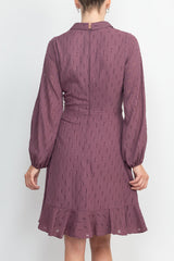 London Times Shawl Collar V-Neck Long Sleeves with Cuffs Back Zipper Ruffled Hem Short Dress by Curated Brands