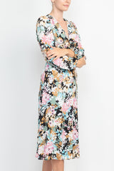 London Times V-Neck Bishop Long Sleeve Floral Print Zipper Back Crepe Dress by Curated Brands