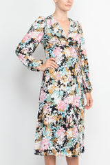 London Times V-Neck Bishop Long Sleeve Floral Print Zipper Back Crepe Dress by Curated Brands