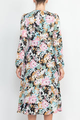 London Times V-Neck Bishop Long Sleeve Floral Print Zipper Back Crepe Dress by Curated Brands