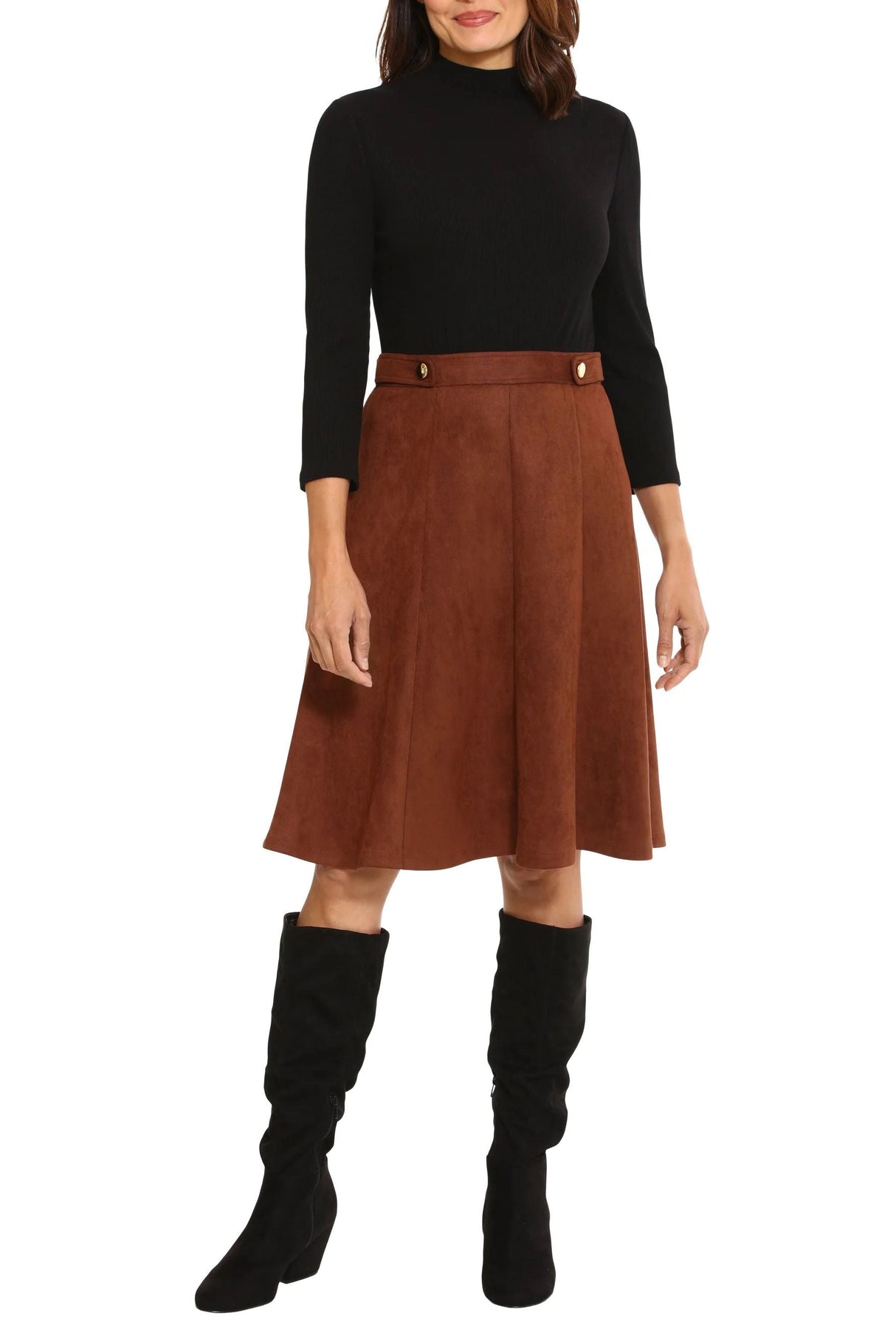 London Times high neck 3/4 sleeve ribbed top gold button detail faux suede skirt by Curated Brands