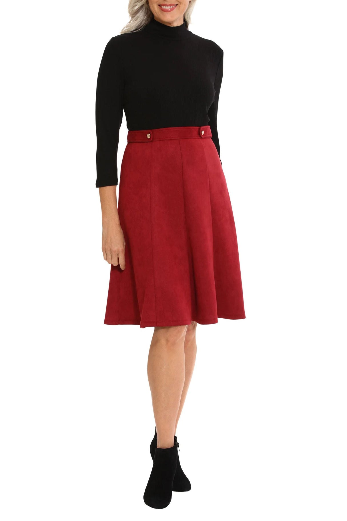 London Times high neck 3/4 sleeve ribbed top gold button detail faux suede skirt by Curated Brands