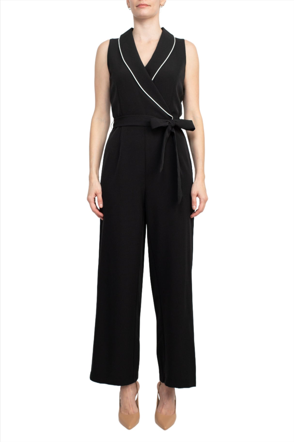 Tahari Lapel Collar V-Neck Sleeveless Piping Detail Tie Waist Scuba Jumpsuit by Curated Brands