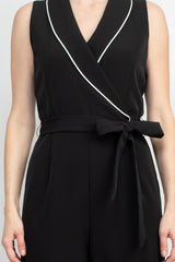 Tahari Lapel Collar V-Neck Sleeveless Piping Detail Tie Waist Scuba Jumpsuit by Curated Brands