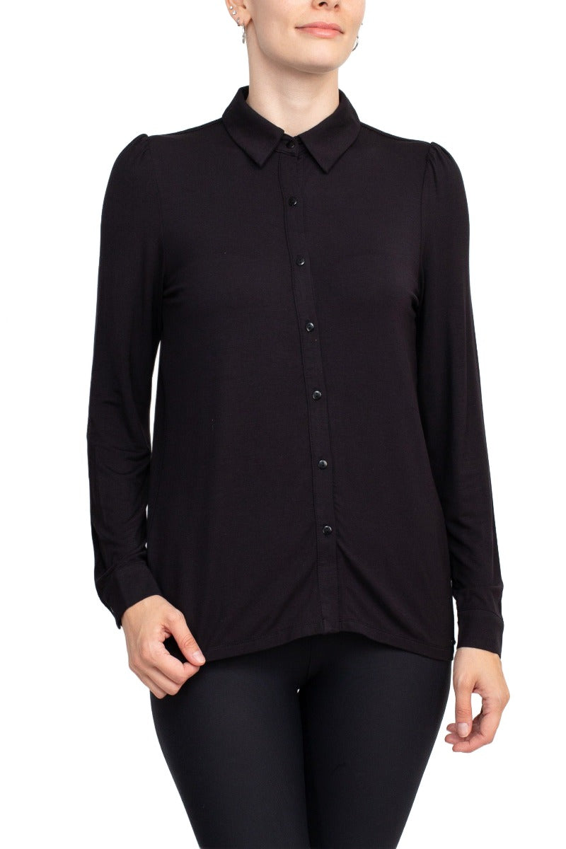 T Tahari Collar Neck Cuff Long Sleeves Button Detail ITY Blouse by Curated Brands