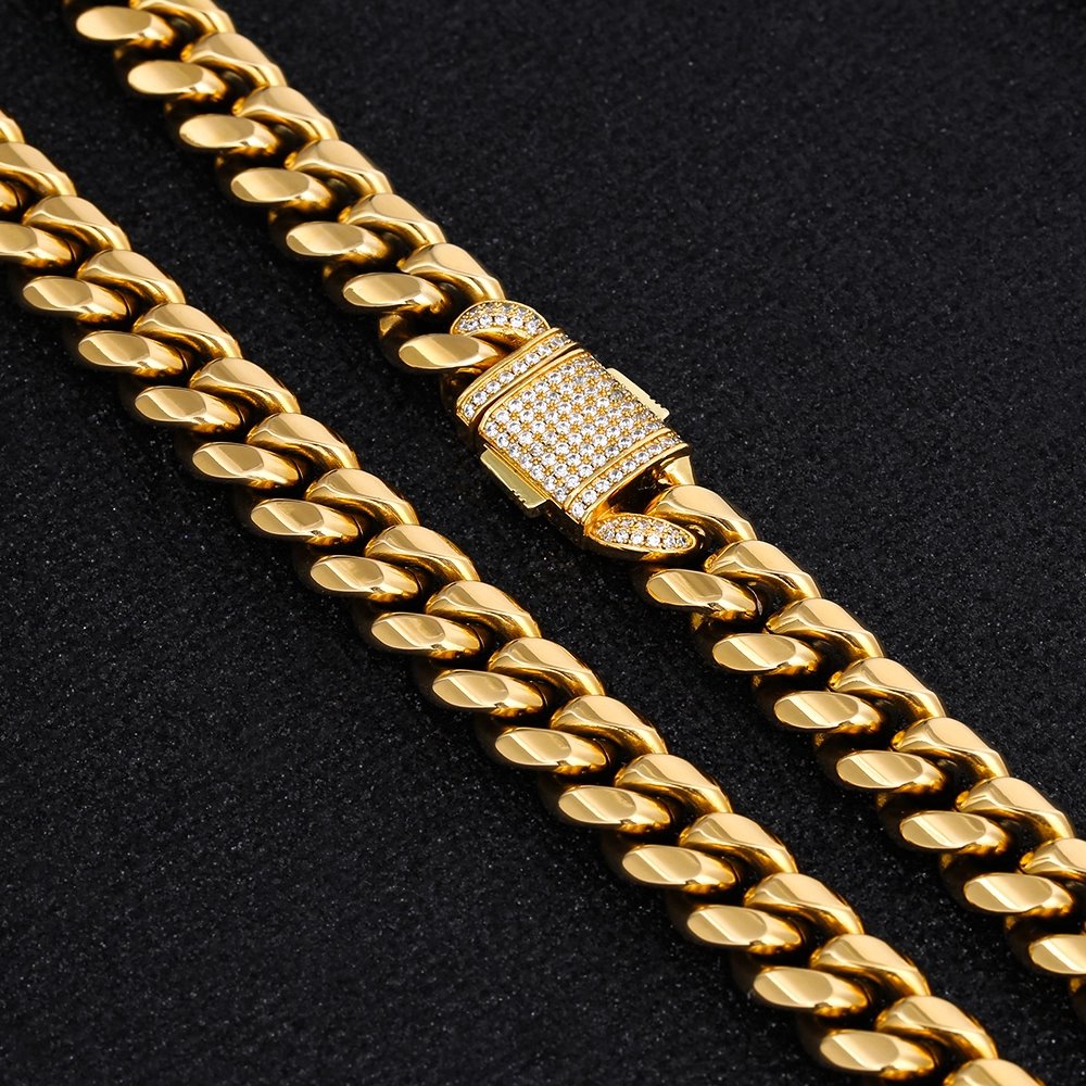 The Golden Nugget® - 12mm Iced Miami Cuban Link Chain 18K Gold Plated with CZ Clasp by Bling Proud | Urban Jewelry Online Store