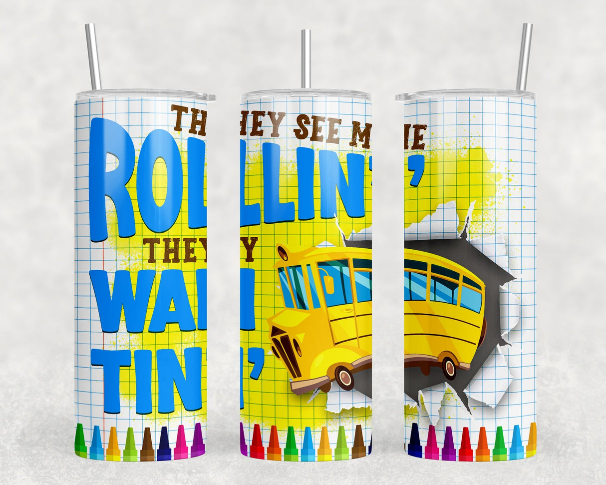 They See Me Rollin Bus Driver - 20 oz Steel Skinny Tumbler - Optional Blue Tooth Speaker - Speaker Color will Vary by Rowdy Ridge Co