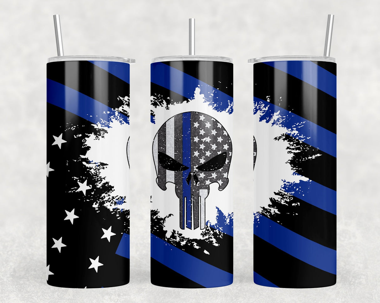 Thin Blue Line Skull|Skinny Tumbler|Optional Bluetooth Speaker| Speaker Color Varies by Rowdy Ridge Co