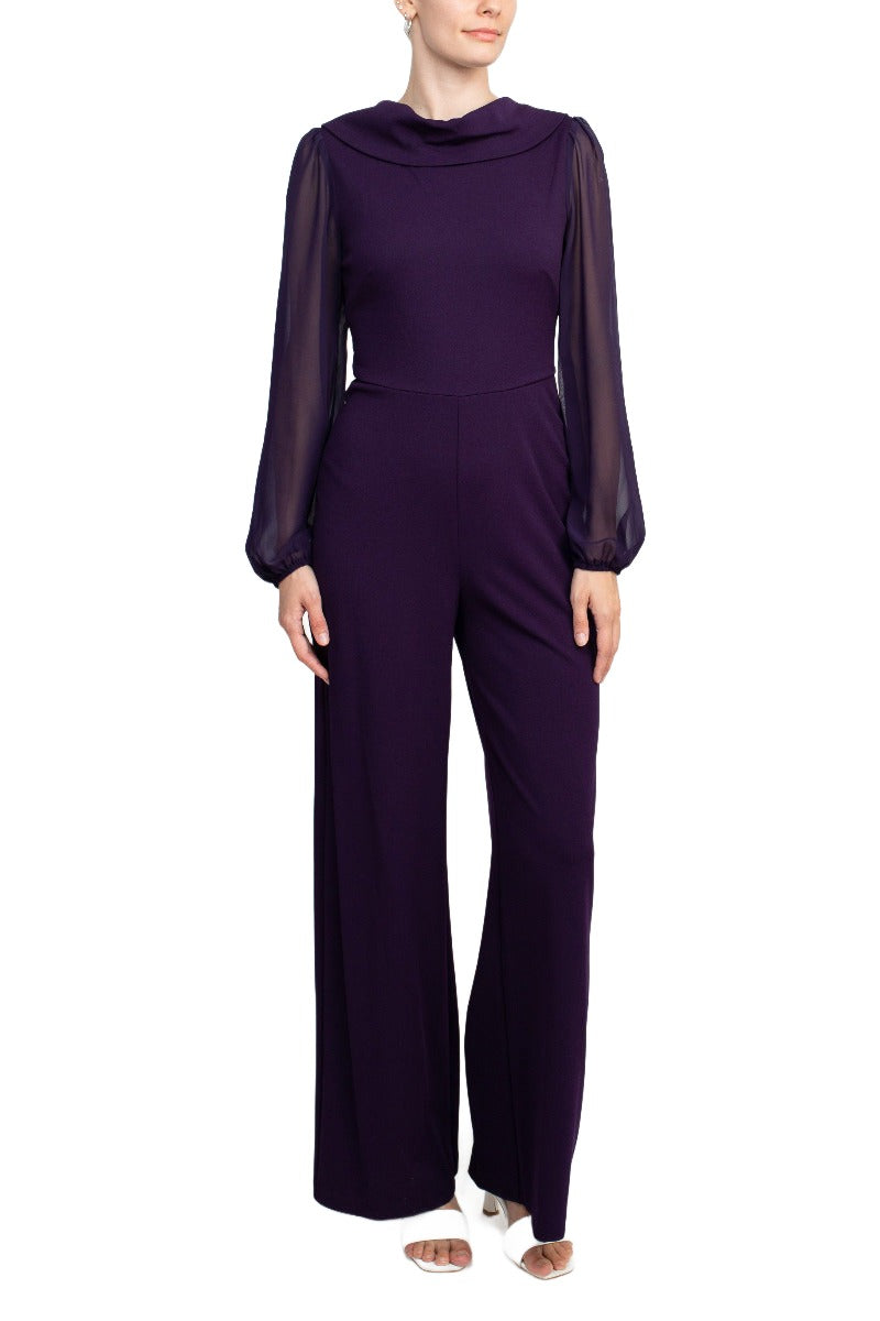 Connected Apparel Popover Neck Chiffon Long Sleeve Zipper Back Solid Jumpsuit by Curated Brands