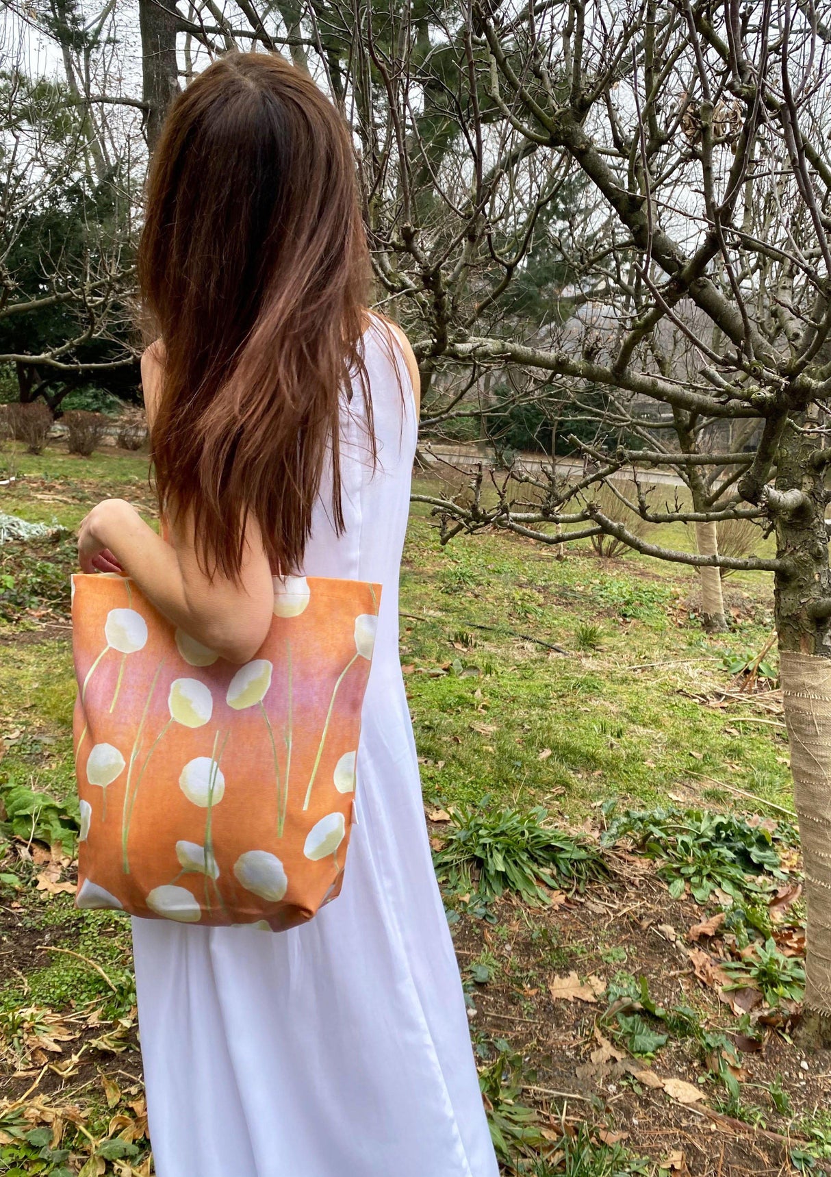 Tote Bag: Cream Flowers on Orange by India & Purry