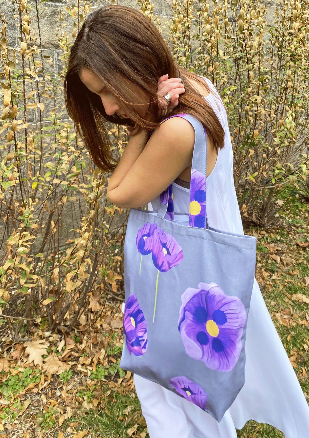 Tote Bag: Purple Poppies on Grey by India & Purry