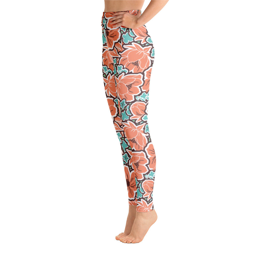 Women's Tropical Red Floral Yoga Leggings by Tropical Seas Clothing