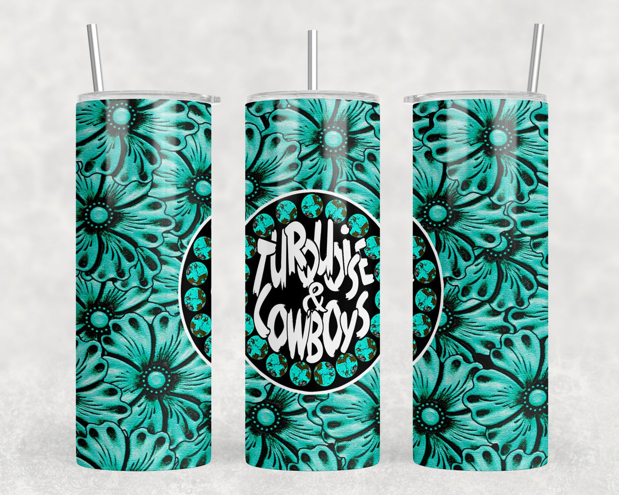 Turquoise and Cowboys  - 20 oz Steel Skinny Tumbler - Optional Blue Tooth Speaker - Speaker Color will Vary by Rowdy Ridge Co