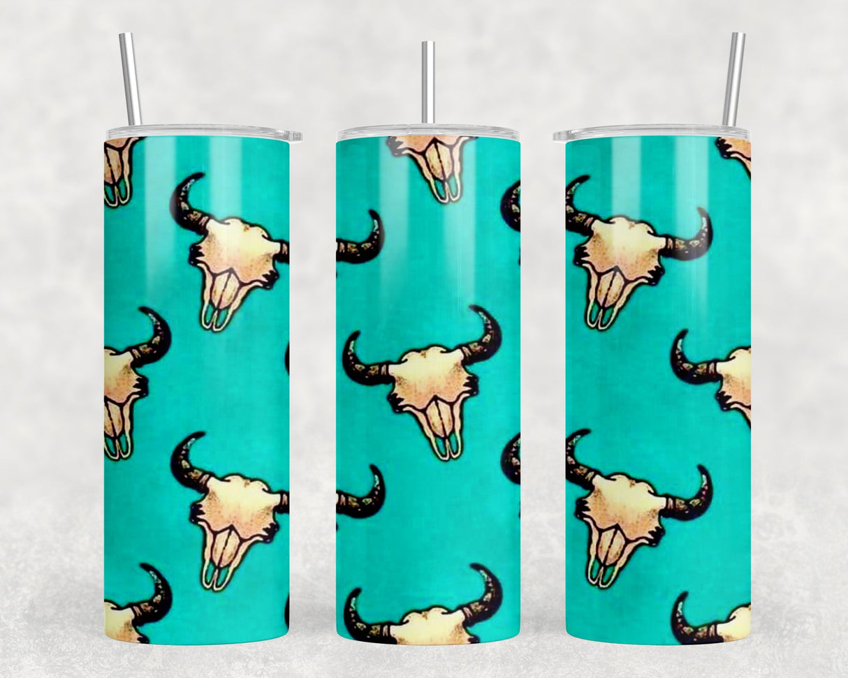 Turquoise Bull Skulls - 20 oz Steel Skinny Tumbler - Optional Blue Tooth Speaker - Speaker Color will Vary by Rowdy Ridge Co