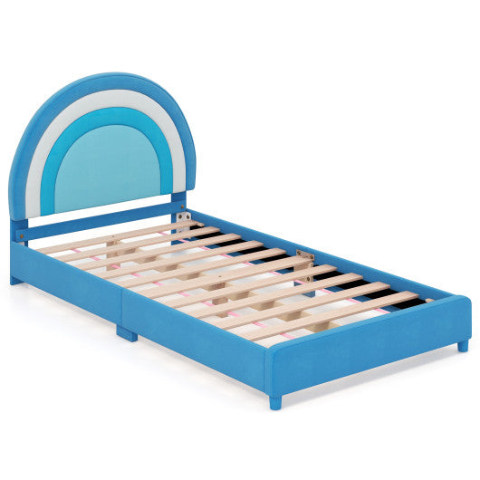 Twin Bed Frame with Height-Adjustable Headboard and Sturdy Wooden Slats-Blue