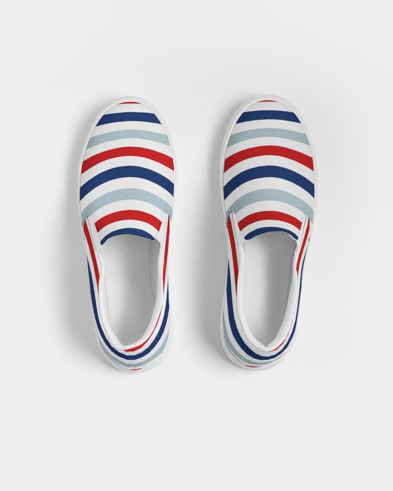 Womens Sneakers - Canvas Slip on Shoes, Red White Blue Striped Print by inQue.Style