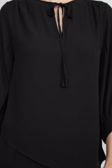 Joan Vass NY Crew Neck Tie Neck 3-4 Shirred Sleeve Front Panel Double Layer Crepe Top by Curated Brands