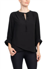 Joan Vass NY Crew Neck Tie Neck 3-4 Shirred Sleeve Front Panel Double Layer Crepe Top by Curated Brands