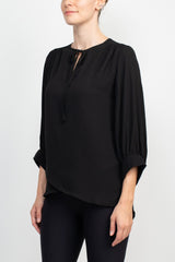 Joan Vass NY Crew Neck Tie Neck 3-4 Shirred Sleeve Front Panel Double Layer Crepe Top by Curated Brands