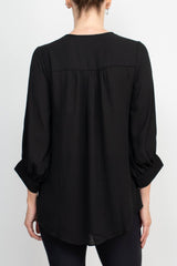 Joan Vass NY Crew Neck Tie Neck 3-4 Shirred Sleeve Front Panel Double Layer Crepe Top by Curated Brands