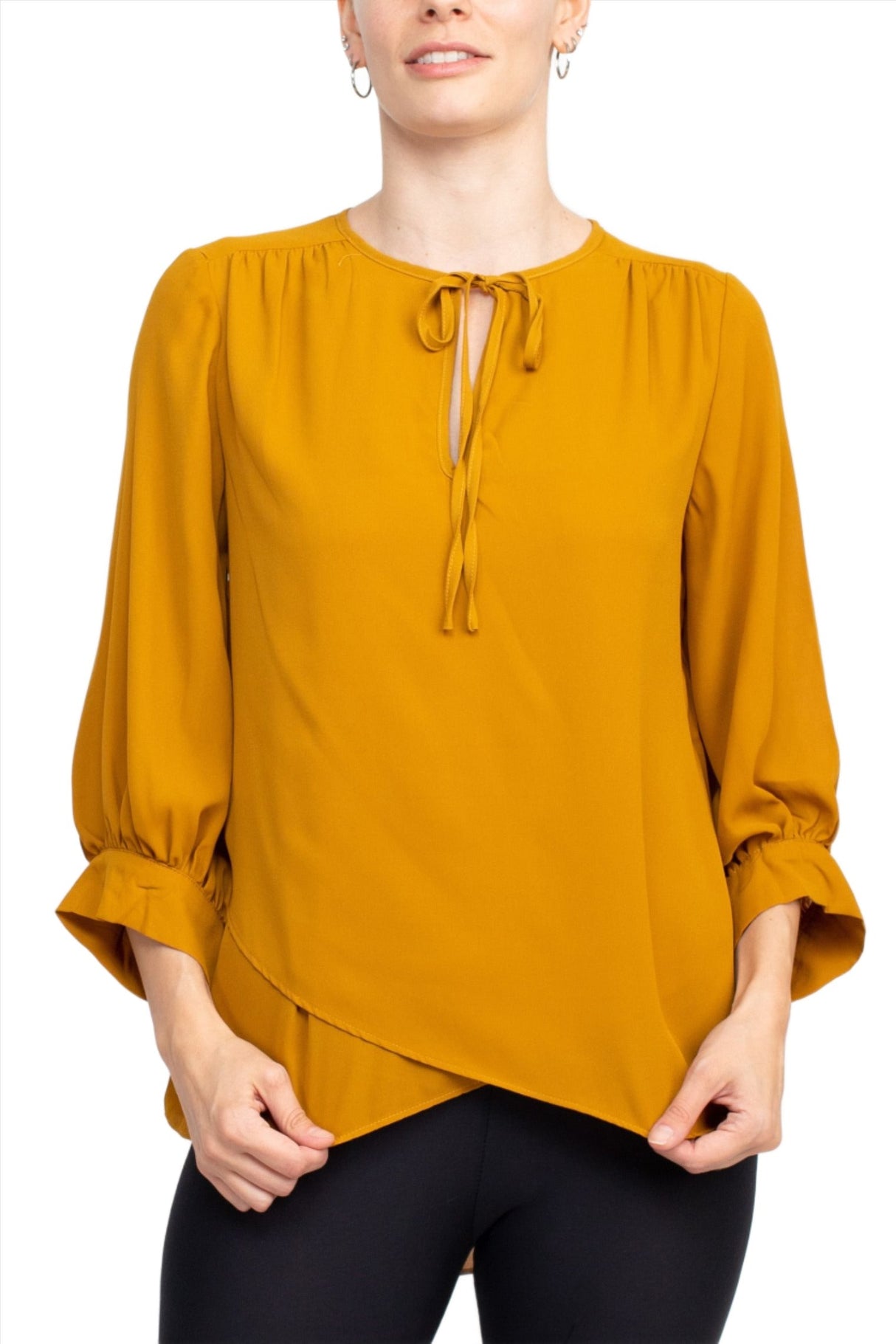 Joan Vass NY Crew Neck Tie Neck 3-4 Shirred Sleeve Front Panel Double Layer Crepe Top by Curated Brands