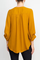 Joan Vass NY Crew Neck Tie Neck 3-4 Shirred Sleeve Front Panel Double Layer Crepe Top by Curated Brands