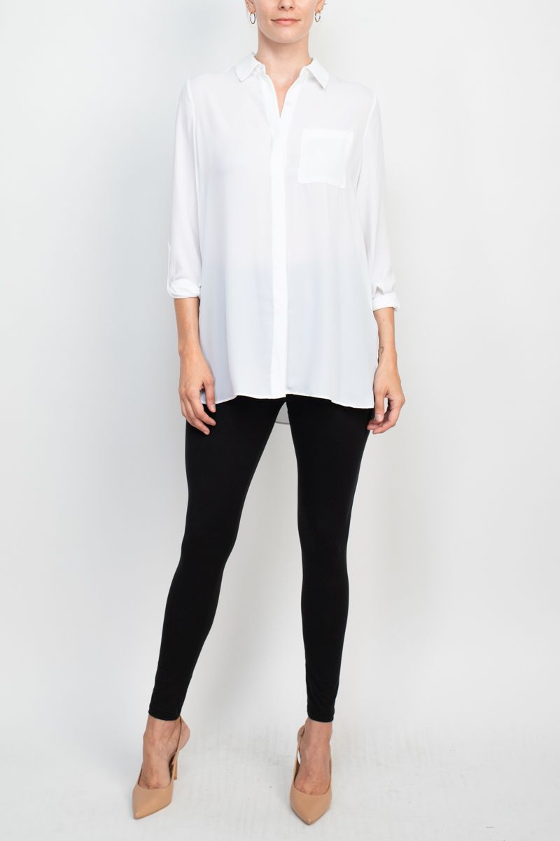 Joan Vass NY collared 3/4 sleeve front button closure chiffon crepe shirt by Curated Brands