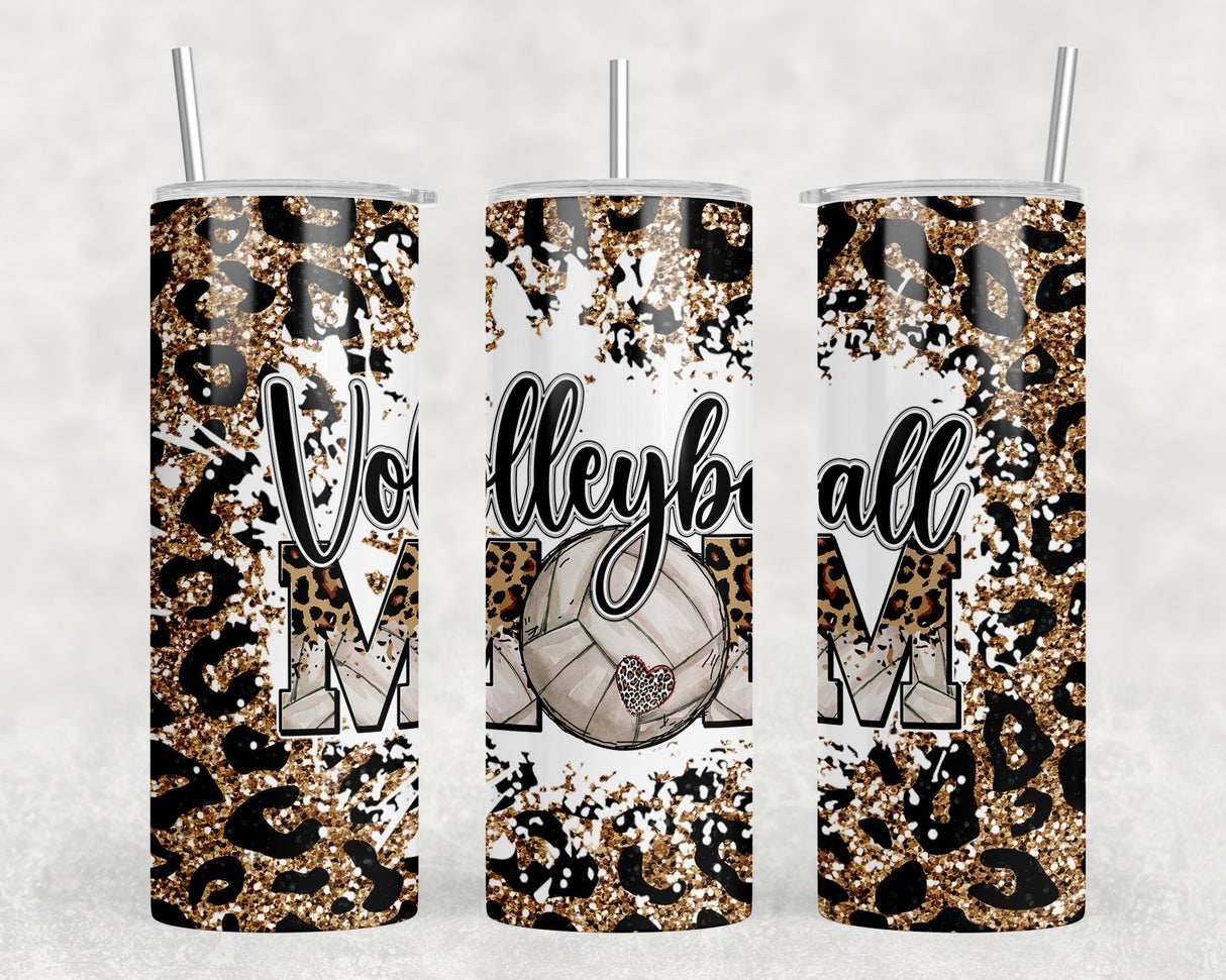 Volleyball Mom Leopard Print - 20 oz Steel Skinny Tumbler - Optional Blue Tooth Speaker - Speaker Color will Vary by Rowdy Ridge Co