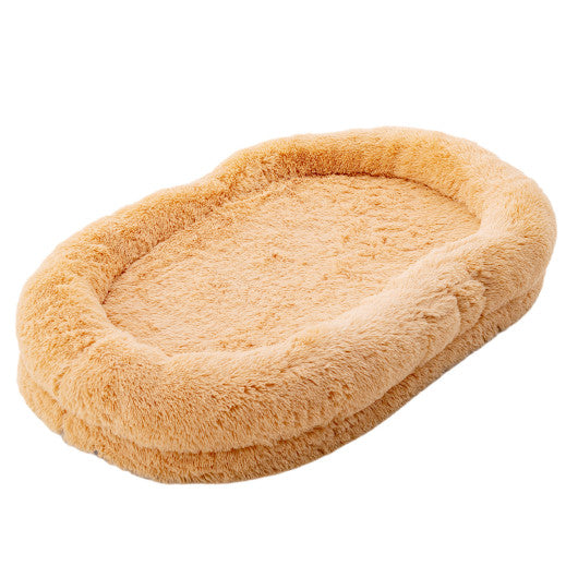 Washable Fluffy Human Dog Bed with Soft Blanket and Plump Pillow-Brown