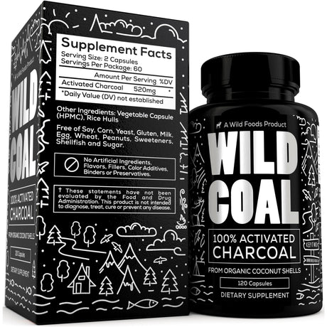 Activated Charcoal Capsules made from 100% Organic Coconuts, 120ct by Wild Foods