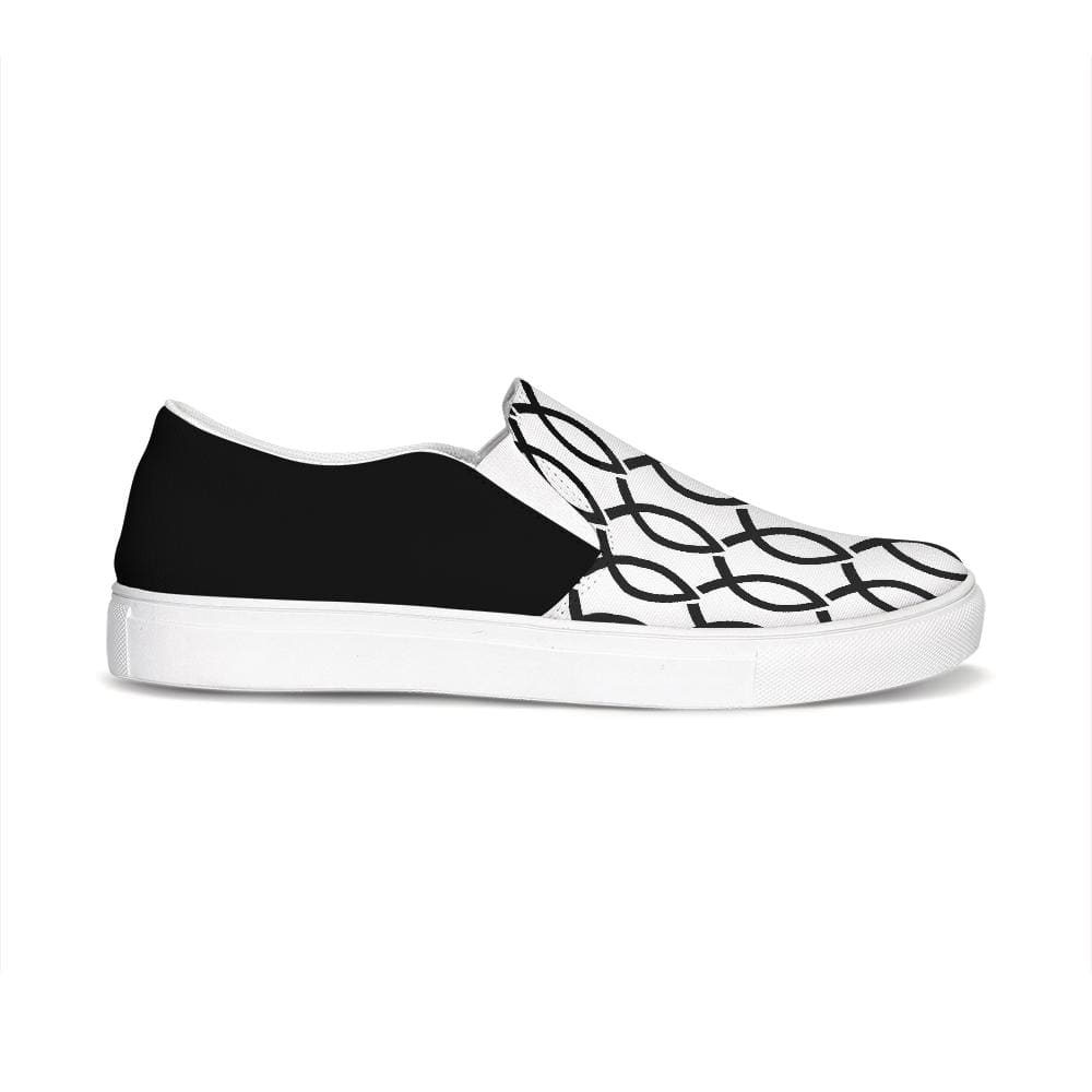 Womens Sneakers - Black & White Ichthys Style Low Top Slip-on Canvas Shoes by inQue.Style