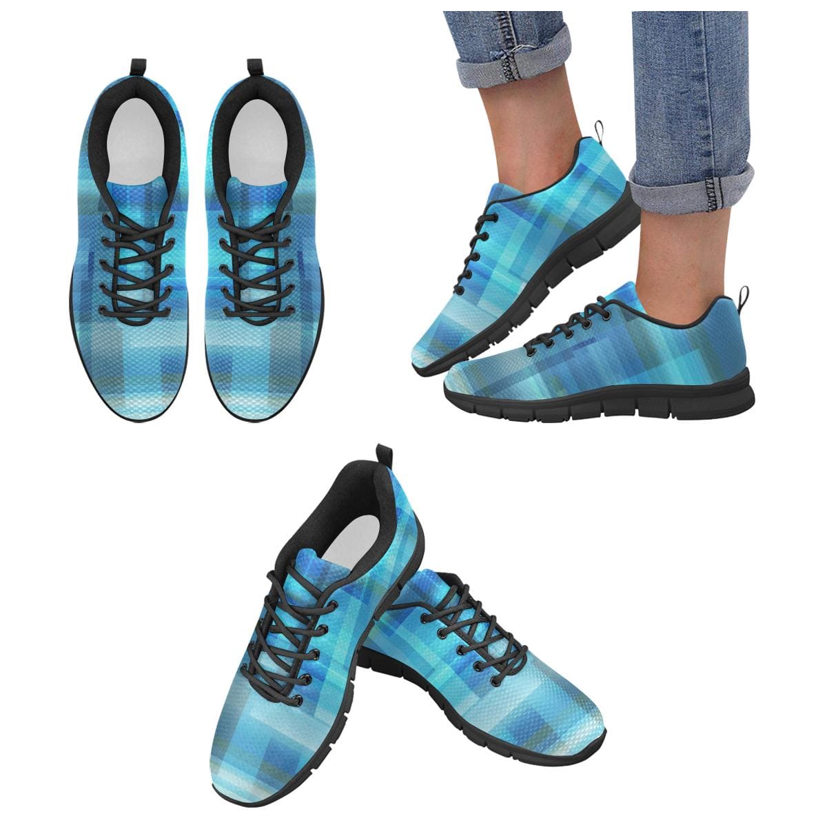 Womens Sneakers, Blue and Black Geometric Print Running Shoes by inQue.Style