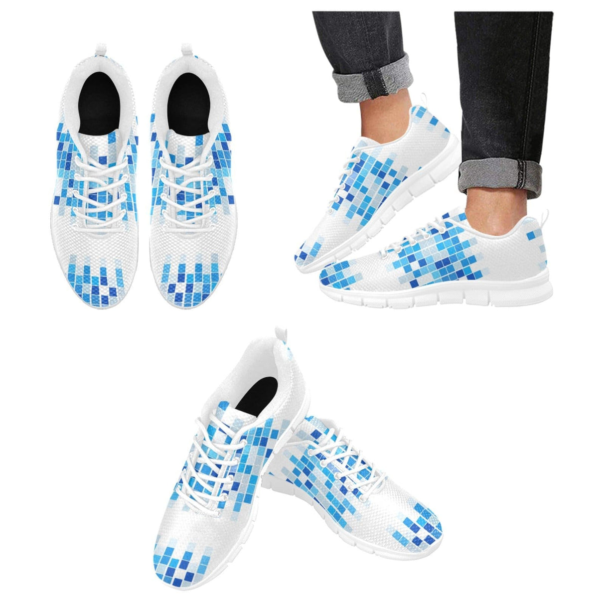 Womens Sneakers, Blue and White Mosaic Print Running Shoes by inQue.Style