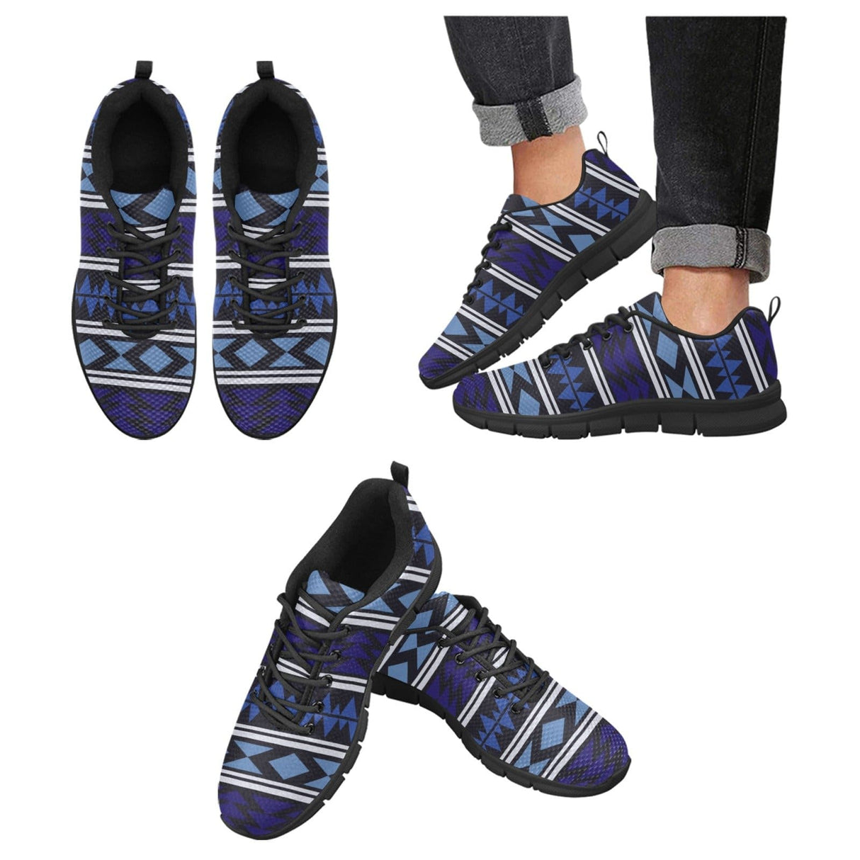 Womens Sneakers, Blue Aztec Print Running Shoes by inQue.Style