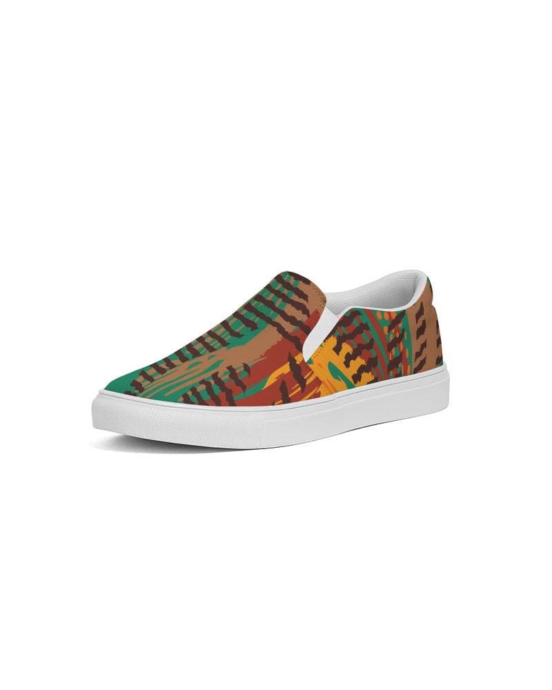 Womens Sneakers - Canvas Slip on Shoes, Brown and Green Print by inQue.Style