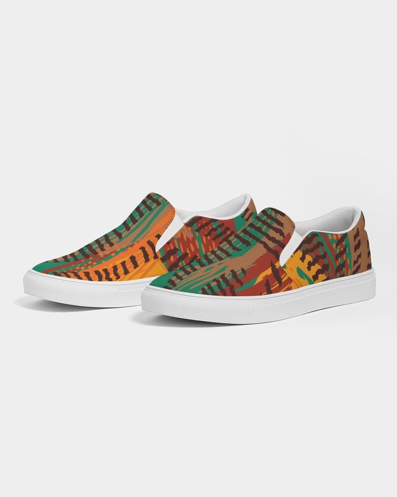 Womens Sneakers - Canvas Slip on Shoes, Brown and Green Print by inQue.Style