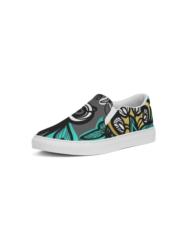 Womens Sneakers - Canvas Slip on Shoes, Green Butterfly Print by inQue.Style