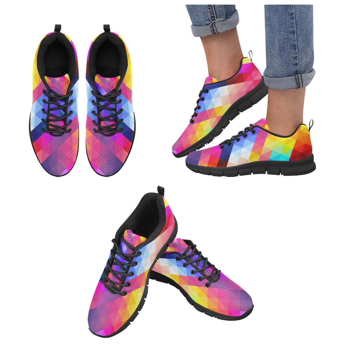 Womens Sneakers, Multicolor Grid Illustration Running Shoes by inQue.Style