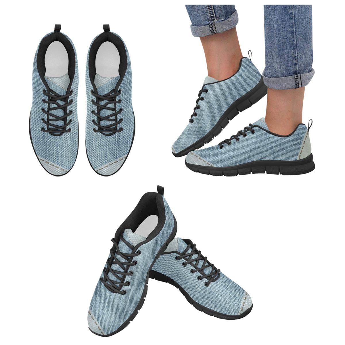 Womens Sneakers, Patch Blue Denim Illustration Running Shoes by inQue.Style