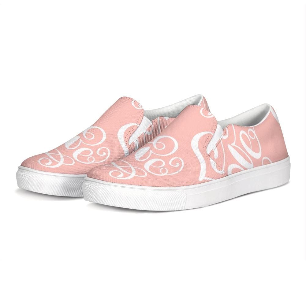 Womens Sneakers - Pink and White Love Print Low Top Slip-on Canvas Shoes by inQue.Style