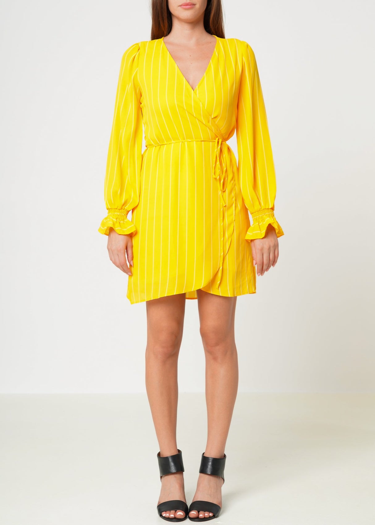 Smocked Bell Sleeve Wrap Dress in Yellow by Shop at Konus