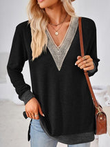 Crochet Contrast V-Neck Long Sleeve Slit T-Shirt