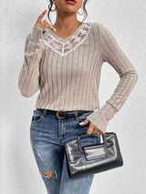 Lace Detail Ribbed V-Neck Long Sleeve Top