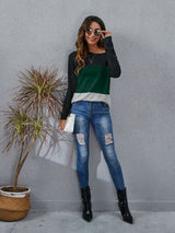 Color Block Round Neck Long Sleeve T-Shirt