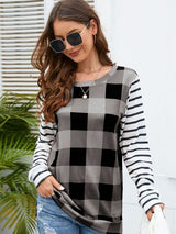 Plaid Striped Round Neck Long Sleeve T-Shirt