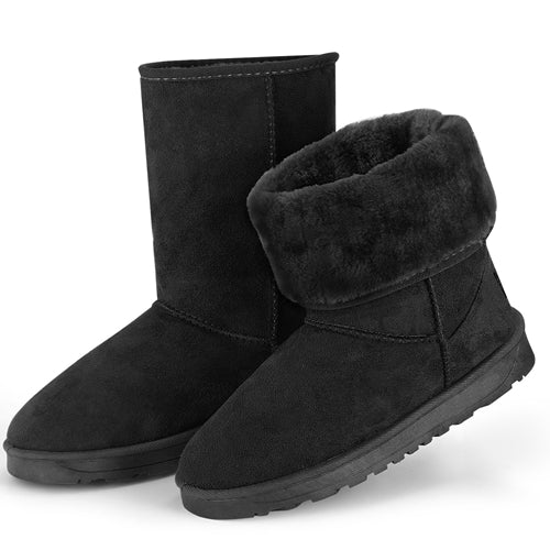 Women Ladies Snow Boots Waterproof Faux Suede Mid-Calf Boots Fur Warm Lining Shoes - Black - 9