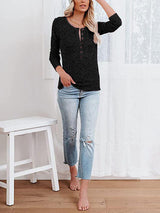 Round Neck Buttoned Long Sleeve T-Shirt