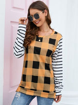 Plaid Striped Round Neck Long Sleeve T-Shirt