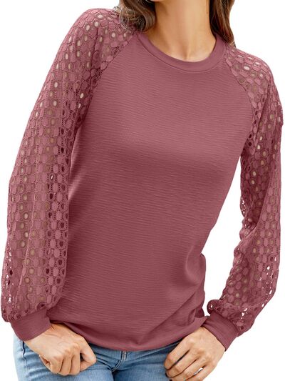 Full Size Eyelet Round Neck Long Sleeve T-Shirt