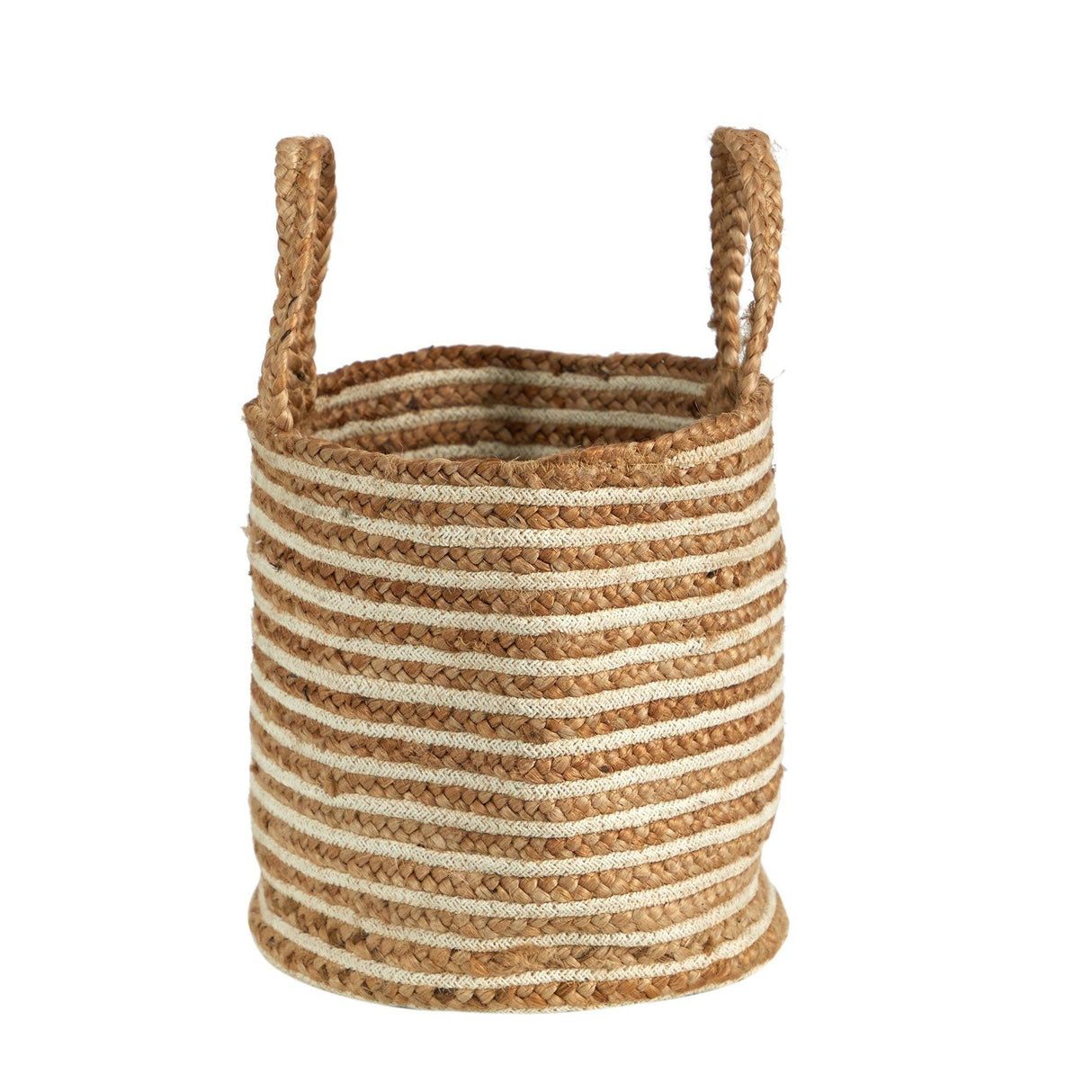 14” Boho Chic Basket Natural Cotton and Jute, Handwoven Stripe with Handles by Nearly Natural - Vysn